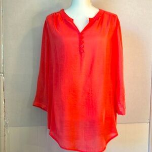 CJ Banks Womens 1/2 Button V-Neck 3/4 Tab Sleeve Med Peach/Coral Top. Size X